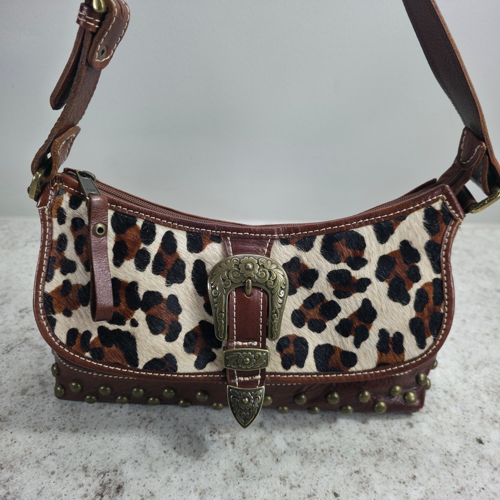 American West Brown Leather Leopard Cow Hair Tooled Studded Small Shoulder Bag